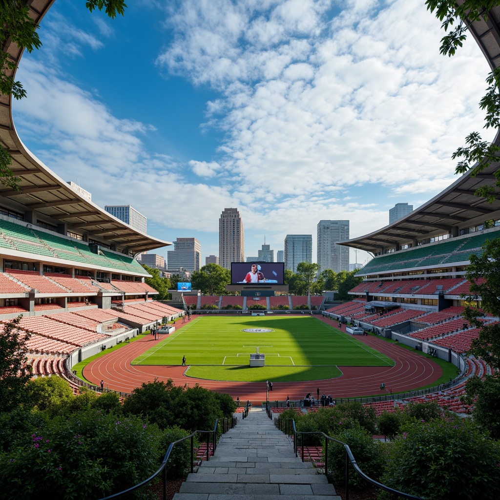 Prompt: Panoramic football stadium, lush green grass, vibrant team colors, tiered seating, floodlights, scoreboard displays, athletic tracks, natural stone fa\u00e7ades, modern architecture, curved lines, cantilevered roofs, open-air concourses, urban cityscape, sunny day, dramatic cloud formations, shallow depth of field, 3/4 composition, realistic textures, ambient occlusion.