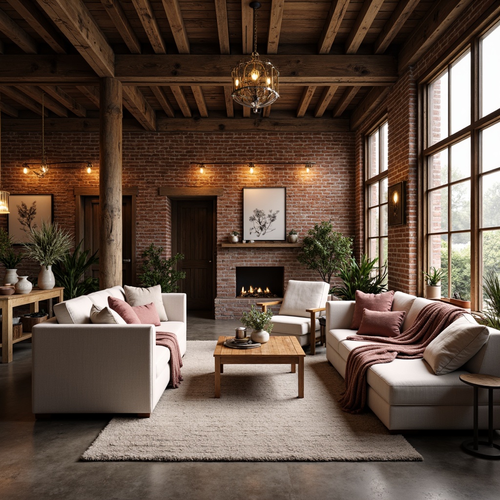 Prompt: Warm industrial loft, exposed brick walls, wooden beams, metal accents, soft warm lighting, cozy atmosphere, rich textiles, plush furnishings, vintage decorative items, distressed finishes, earthy tone color scheme, muted pastels, blush pinks, mauve, sage greens, creamy whites, warm beiges, rustic wood tones, natural stone floors, industrial chic decor, romantic ambiance, intimate setting, soft focus, shallow depth of field, 1/1 composition, realistic textures, ambient occlusion.