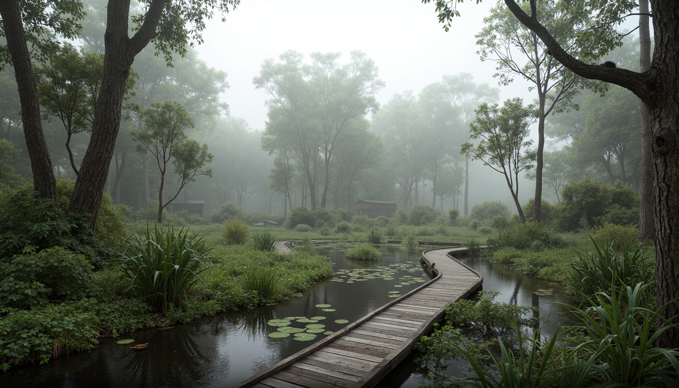 Prompt: Misty wetlands, lush vegetation, twisted mangroves, murky waters, wooden boardwalks, observation decks, native wildlife habitats, aquatic plants, water lilies, cattails, natural stone pathways, meandering streams, serene atmosphere, soft diffused lighting, shallow depth of field, 1/1 composition, panoramic view, realistic textures, ambient occlusion.