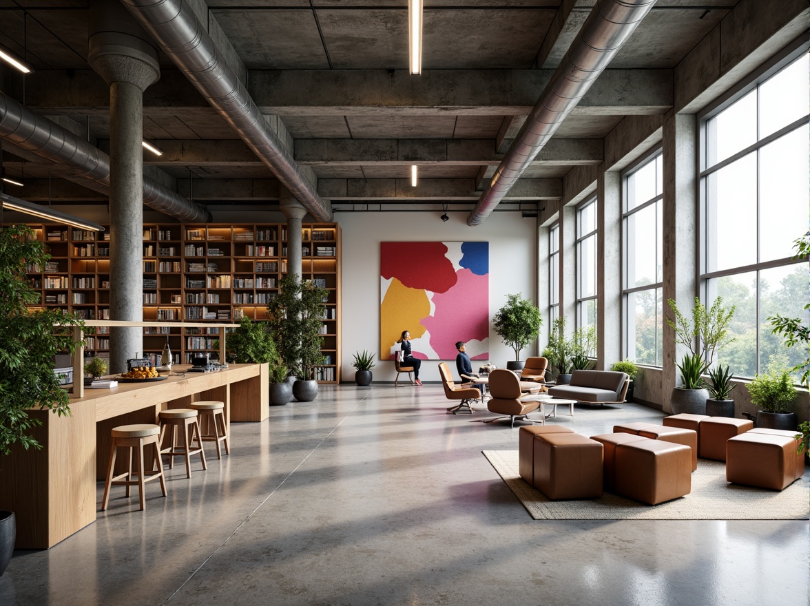 Prompt: Minimalist library interior, industrial chic aesthetic, exposed ductwork, polished concrete floors, steel beams, functional shelving units, geometric furniture, leather armchairs, wooden tables, metal lamps, natural light pouring in, large windows, open floor plan, flexible reading areas, cozy nooks, vibrant color accents, graphic textiles, abstract artwork, modern typography, 1/1 composition, softbox lighting, shallow depth of field, realistic textures.