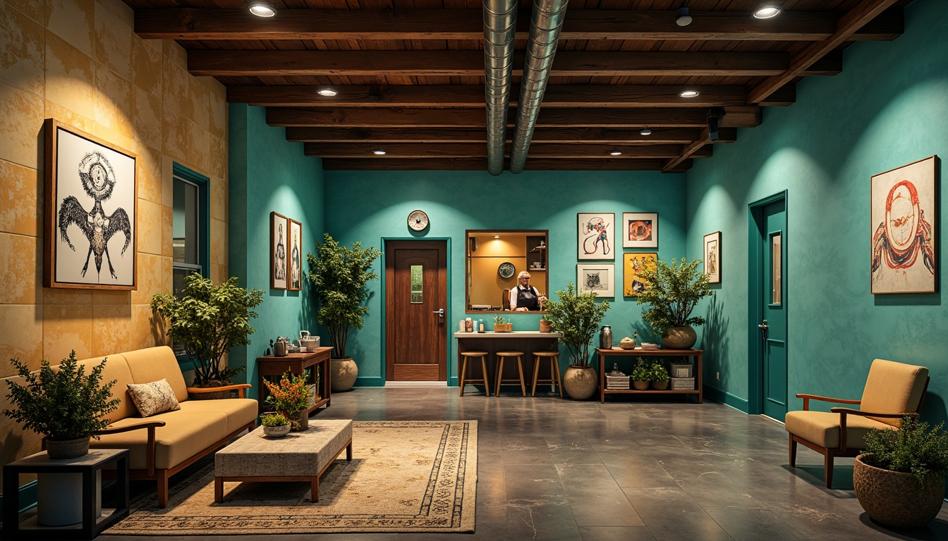 Prompt: Vibrant clinic, bold turquoise accents, warm beige walls, rich wood tones, eclectic art pieces, ornate metal fixtures, distressed finishes, abstract patterns, moody lighting, dramatic shadows, cinematic composition, 1/2 camera angle, high contrast ratio, gritty textures, ambient occlusion.