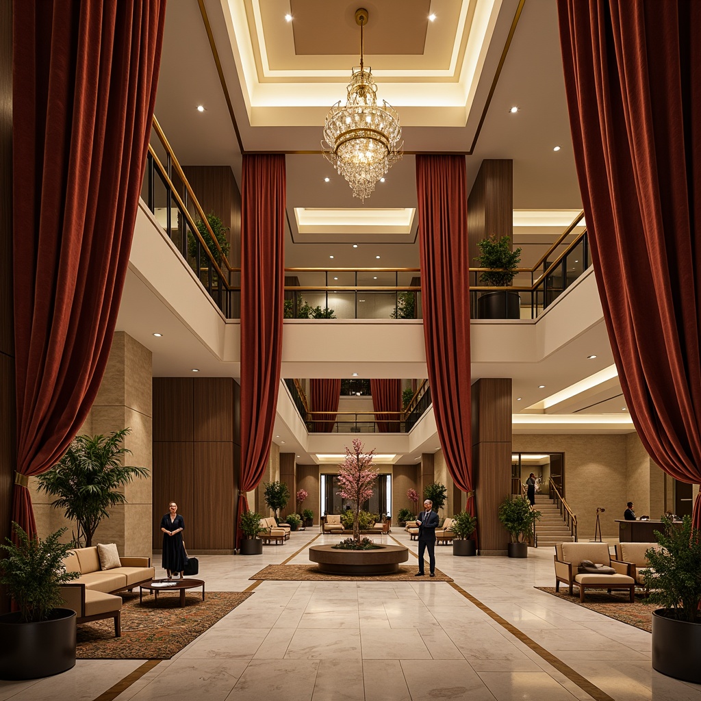 Prompt: Luxurious hotel lobby, rich wood tones, ornate furnishings, velvet drapes, golden accents, crystal chandeliers, marble floors, soft warm lighting, elegant archways, grand staircases, refined classicism style, muted earthy colors, beige walls, cream ceilings, dark wood paneling, subtle patterned carpets, sophisticated ambiance, warm inviting atmosphere, 1/1 composition, shallow depth of field, realistic textures.