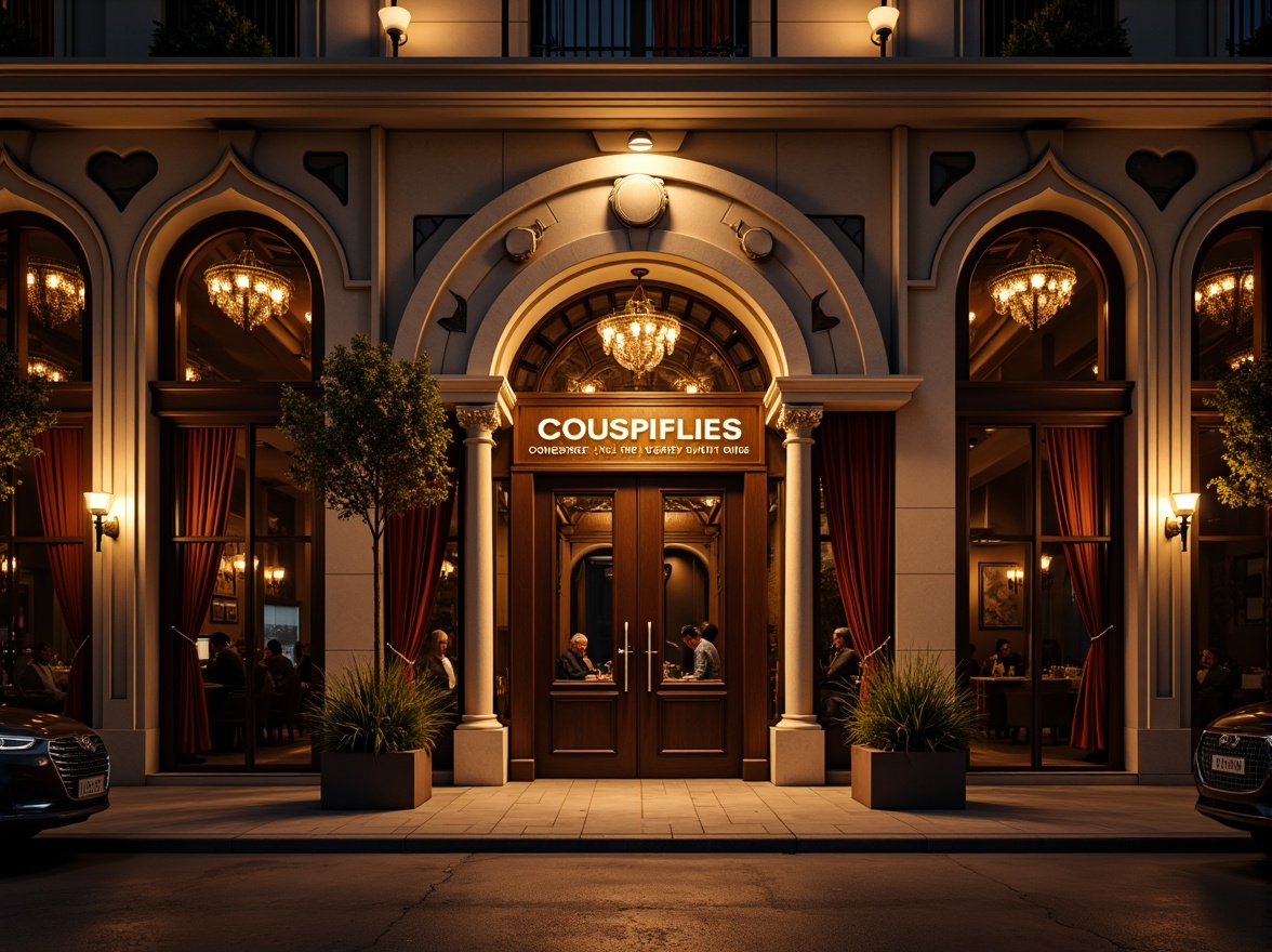 Prompt: Majestic nightclub facade, Romanesque arches, ornate stone carvings, grand entrance, heavy wooden doors, intricate ironwork, warm golden lighting, soft misty atmosphere, mysterious shadows, luxurious velvet drapes, lavish chandeliers, rich wood paneling, antique bronze fixtures, dramatic spotlights, 1/2 composition, low-angle shot, cinematic mood, high-contrast rendering.