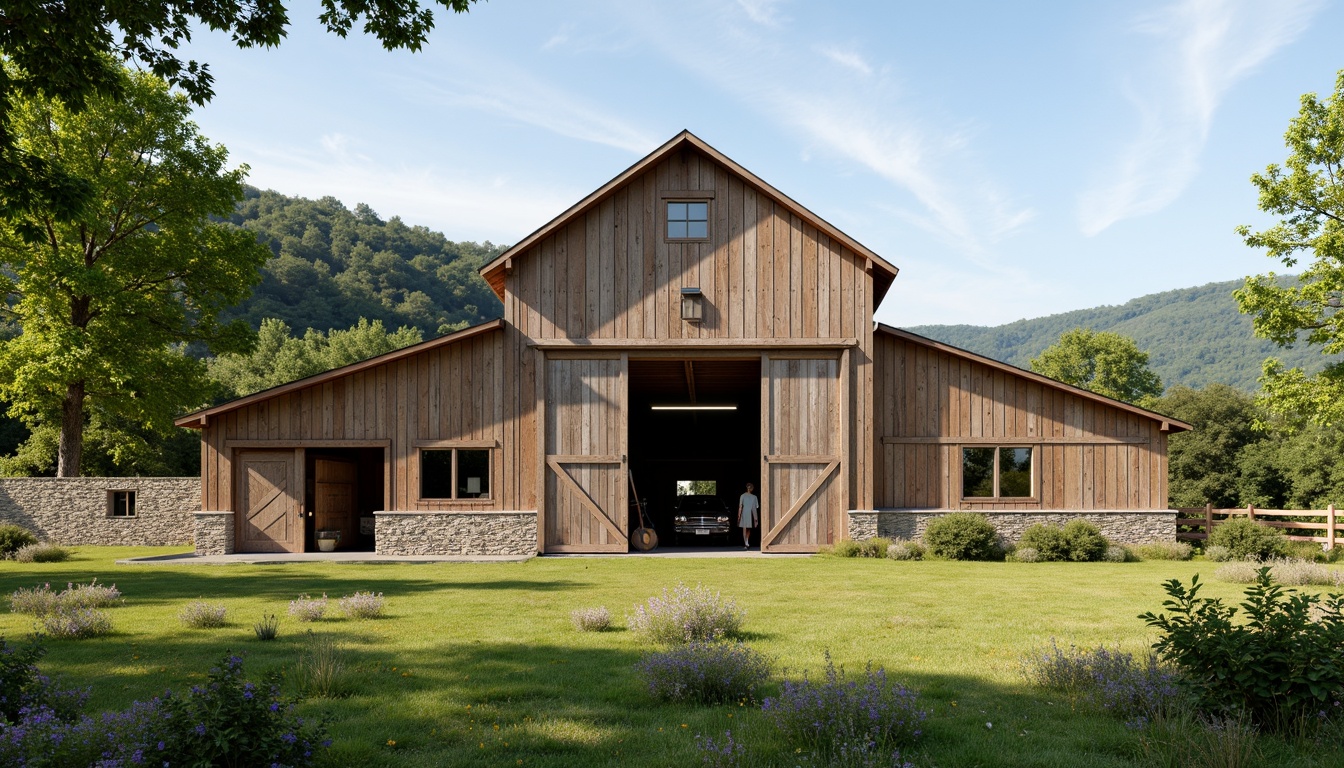 Prompt: Rustic barn, natural surroundings, rolling hills, lush green meadows, wildflowers, wooden fences, stone walls, earthy tones, weathered wood, corrugated metal roofs, sliding barn doors, hayloft windows, vintage farm equipment, rural landscape, serene atmosphere, warm sunlight, soft shadows, 1/2 composition, natural textures, ambient occlusion.