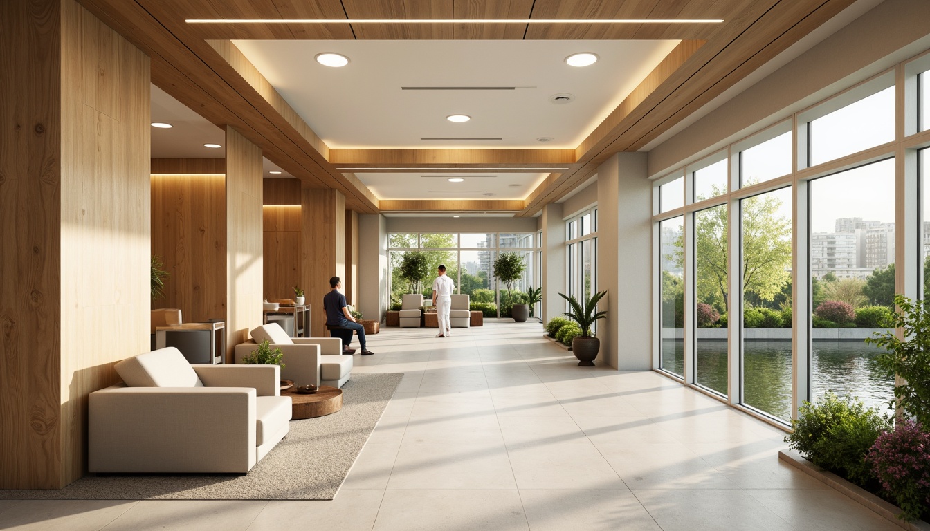 Prompt: Soothing healthcare facility, calming color schemes, natural wood accents, comfortable seating areas, gentle lighting fixtures, acoustic ceiling panels, minimalist decor, ergonomic furniture, circular nurse stations, private patient rooms, large windows, abundant natural light, serene outdoor gardens, water features, lush greenery, warm beige tones, soft carpeting, subtle textures, 1/1 composition, shallow depth of field, realistic renderings.