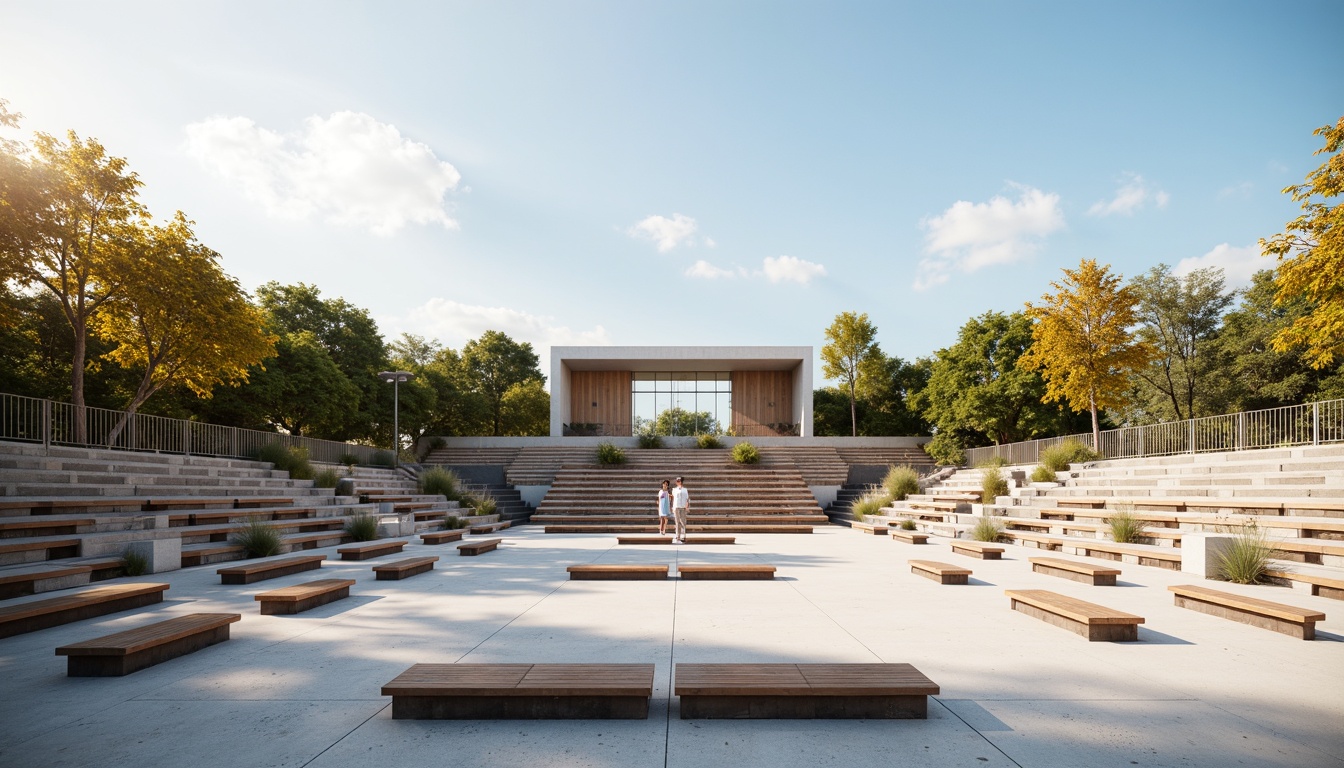 Prompt: Minimalist amphitheater, natural stone seating, sleek metal railings, polished concrete floors, simple wooden benches, subtle LED lighting, open sky above, warm sunny day, soft diffused shadows, shallow depth of field, 1/1 composition, symmetrical architecture, clean lines, monochromatic color scheme, industrial materials, functional design, acoustic considerations, stepped seating arrangement, panoramic view, realistic textures, ambient occlusion.