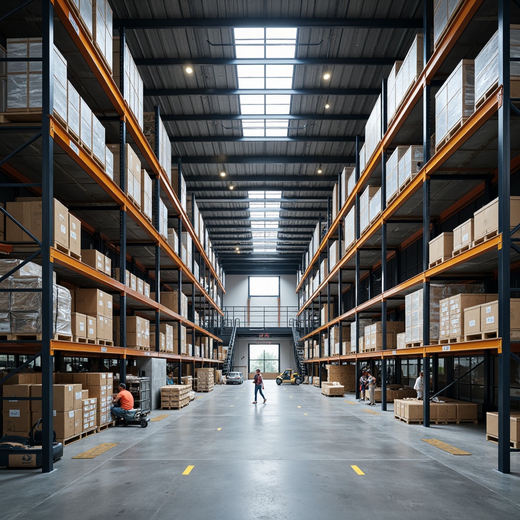 Prompt: Modern distribution center, high-ceiling warehouse, industrial shelving systems, efficient storage solutions, automated conveyor belts, loading docks, freight elevators, commercial lighting fixtures, polished concrete floors, steel beams, minimalist interior design, functional color scheme, optimized workflow layout, 1/1 composition, softbox lighting, realistic textures, ambient occlusion.