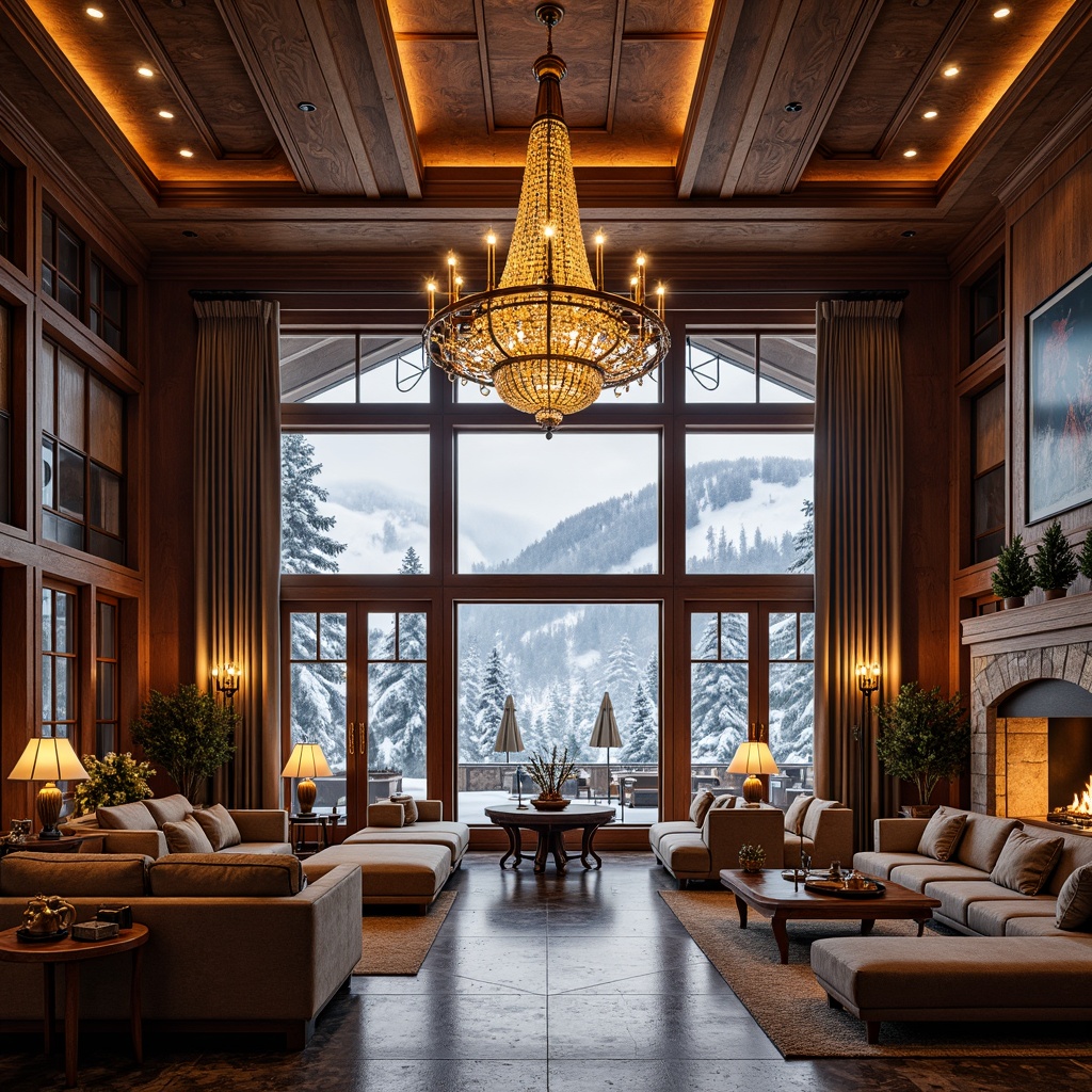 Prompt: Luxurious ski resort, grandiose chandeliers, ornate wooden paneling, rich velvet drapes, golden accents, intricate carvings, marble floors, lavish furnishings, regal atmosphere, warm fireplaces, crackling flames, soft candlelight, rustic wooden beams, snowflake-patterned windows, frosty mountain views, snowy landscapes, frozen lakes, misty mornings, warm afternoon lighting, shallow depth of field, 1/2 composition, realistic textures, ambient occlusion.