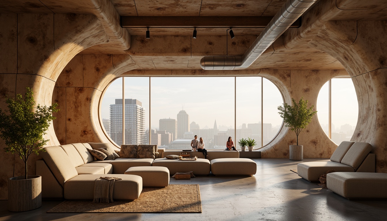 Prompt: Curved loft space, organic blob-like structures, natural materials, reclaimed wood accents, earthy color palette, soft warm lighting, cozy atmosphere, minimalist decor, plush furnishings, rounded edges, irregular shapes, free-flowing curves, industrial chic elements, exposed ductwork, polished concrete floors, urban cityscape views, misty morning light, shallow depth of field, 1/1 composition, cinematic mood, realistic textures, ambient occlusion.