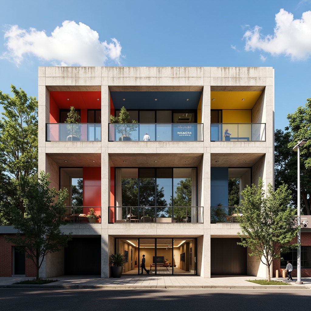 Prompt: Geometric library facade, asymmetrical composition, rectangular forms, industrial materials, steel beams, concrete walls, large glass windows, minimalist ornamentation, functional simplicity, bold color blocking, primary color accents, abstract typography, urban cityscape, busy streets, modernist architecture, brutalist influences, natural light flooding, high contrast shadows, dramatic architectural photography, low-angle shots, 1/2 composition, gritty textures, ambient occlusion.