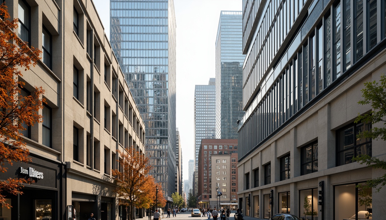 Prompt: Vibrant urban landscape, modern architectural design, sleek glass skyscrapers, metallic accents, bold color blocking, contrasting textures, natural stone facades, warm beige tones, cool gray hues, rich wood accents, subtle gradient effects, soft ambient lighting, shallow depth of field, 3/4 composition, panoramic view, realistic reflections, ambient occlusion.