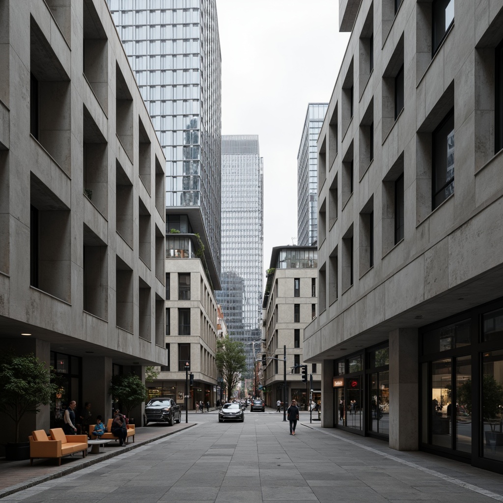 Prompt: Geometric buildings, brutalist architecture, raw concrete textures, industrial materials, minimalist decor, open floor plans, functional spaces, modular furniture, urban cityscape, busy streets, modern skyscrapers, abstract sculptures, monochromatic color scheme, high contrast lighting, dramatic shadows, 1/1 composition, symmetrical framing, stark atmospheric mood, realistic renderings.