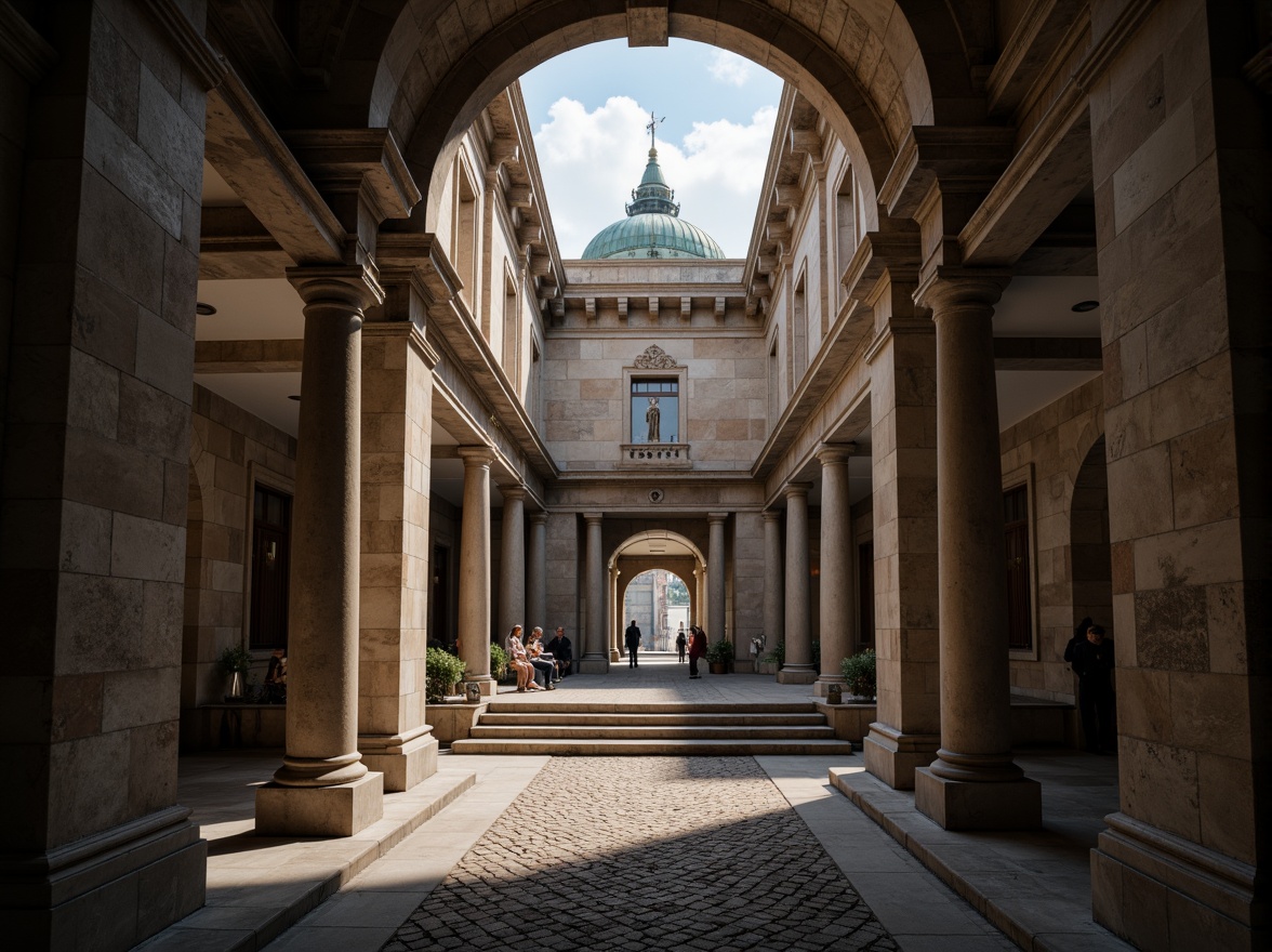 Prompt: Monumental buildings, imposing structures, robust columns, sturdy arches, grand entrances, ornate facades, symmetrical compositions, classical proportions, harmonious massing, balanced forms, natural stone materials, rough-hewn textures, earthy color palette, dramatic lighting effects, deep shadows, atmospheric perspective, 1/2 composition, low-angle view, cinematic mood.