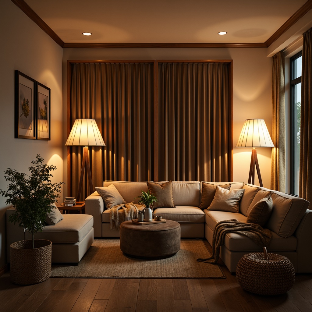 Prompt: Cozy living room, plush sofas, soft cushions, warm throw blankets, natural fiber upholstery, velvet fabrics, subtle sheen, earthy tones, comfortable seating, ergonomic design, ambient lighting, floor lamps, table lamps, warm beige walls, dark wood accents, woven baskets, potted plants, calming atmosphere, relaxing ambiance, soft focus, shallow depth of field, 1/1 composition, realistic textures.