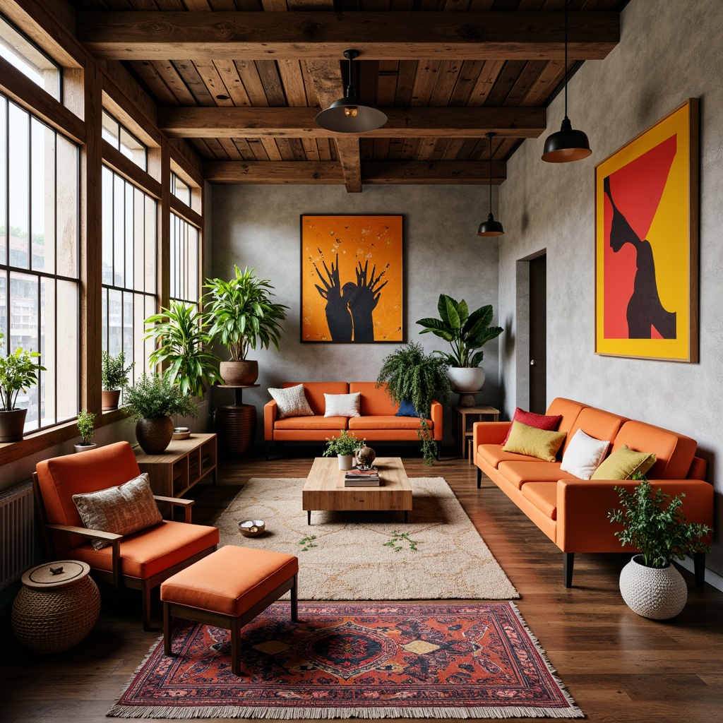 Prompt: Vibrant artistic studio, eclectic furniture, bold color blocking, contrasting textures, abstract artwork, statement lighting fixtures, industrial metal accents, reclaimed wood floors, bohemian-inspired rugs, natural fiber textiles, earthy tone ceramics, warm golden lighting, shallow depth of field, 1/1 composition, realistic renderings, ambient occlusion.