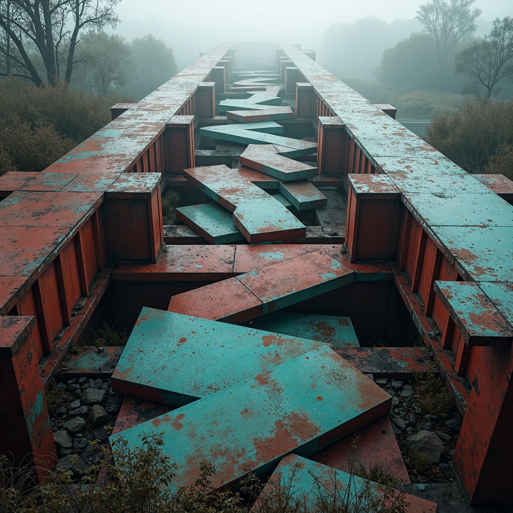 Prompt: Deconstructed bridge, fragmented steel beams, rusted metal textures, worn concrete surfaces, abstract geometric shapes, bold color contrasts, vibrant turquoise accents, deep crimson hues, metallic silver reflections, industrial urban landscape, misty atmospheric effects, dramatic lighting, high-contrast shadows, 1/2 composition, cinematic camera angles, realistic material renderings, ambient occlusion.