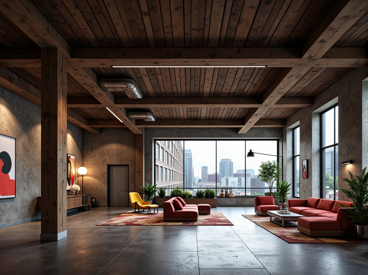 Prompt: Rustic metal beams, distressed wood planks, rough-hewn stone walls, industrial concrete floors, exposed ductwork, minimalist lighting fixtures, geometric-shaped furniture, bold color accents, abstract artwork, urban cityscape views, overcast skies, dramatic shadows, high-contrast lighting, 1/1 composition, symmetrical framing, gritty textures, ambient occlusion.