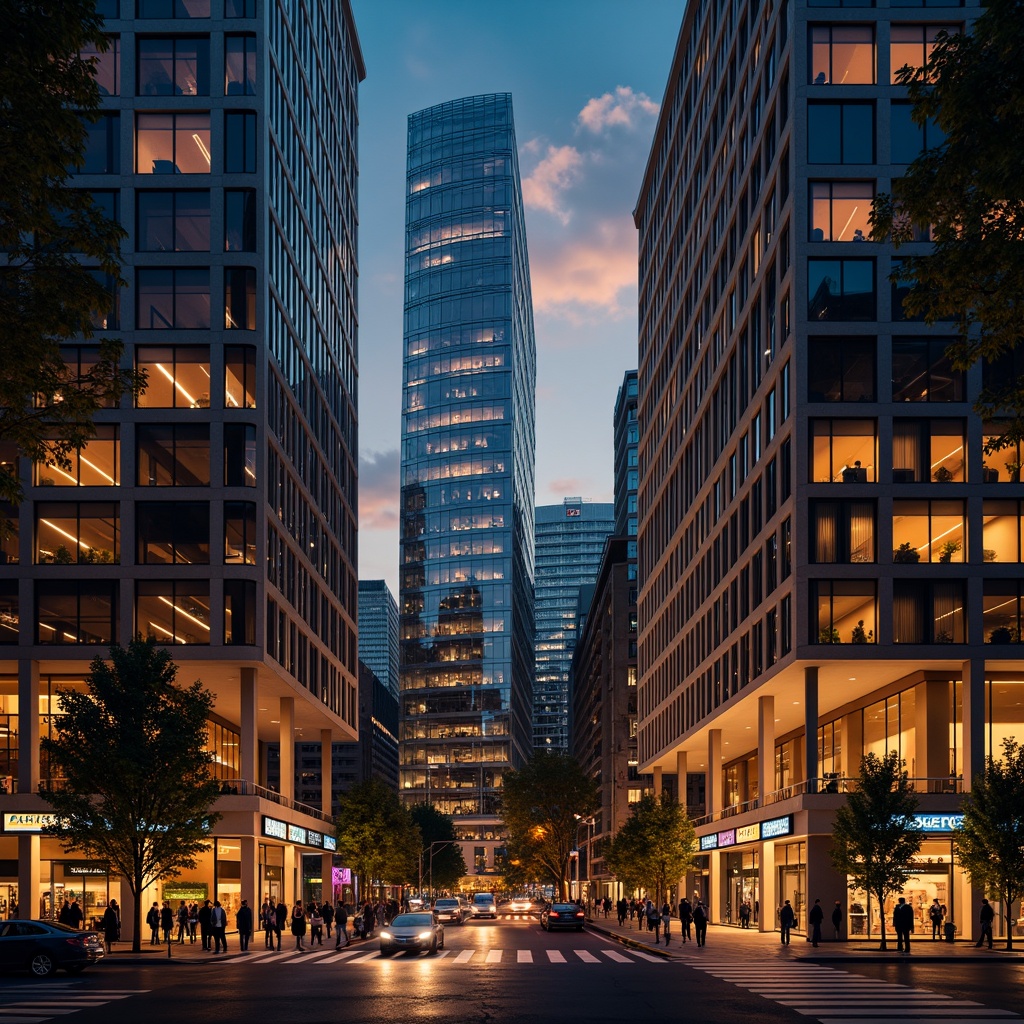 Prompt: Vibrant cityscape, modern skyscrapers, sleek glass facades, warm golden lighting, soft ambient glow, dramatic spotlights, LED strip lights, futuristic neon signs, urban streetscape, bustling nightlife, dynamic shadows, high-contrast illumination, cinematic atmosphere, 1/2 composition, low-angle shot, realistic reflections, detailed textures.