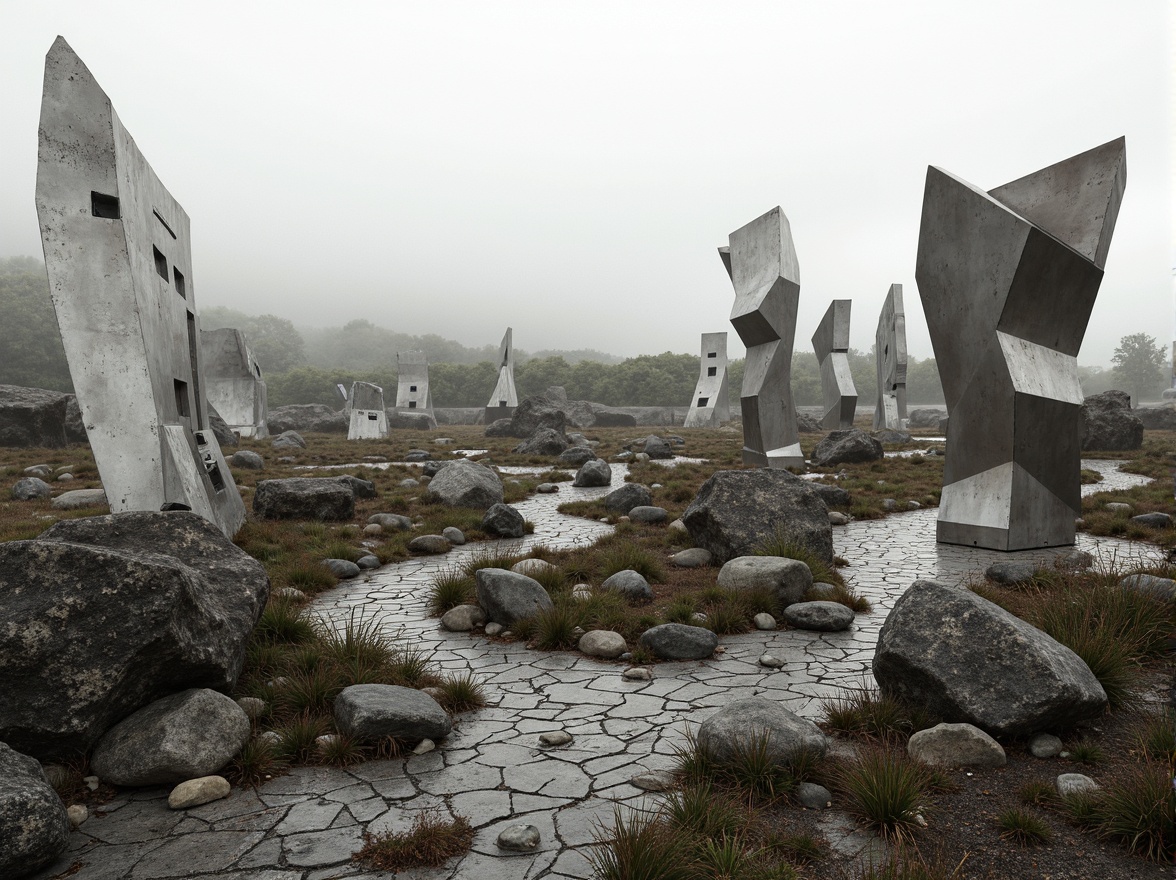 Prompt: Fragmented landscape, rocky outcrops, meandering paths, abstract sculptures, deconstructed buildings, irregular forms, fractured lines, dynamic volumes, cantilevered structures, reflective surfaces, metallic materials, bold color contrasts, dramatic lighting effects, misty atmosphere, shallow depth of field, 1/1 composition, panoramic view, realistic textures, ambient occlusion.