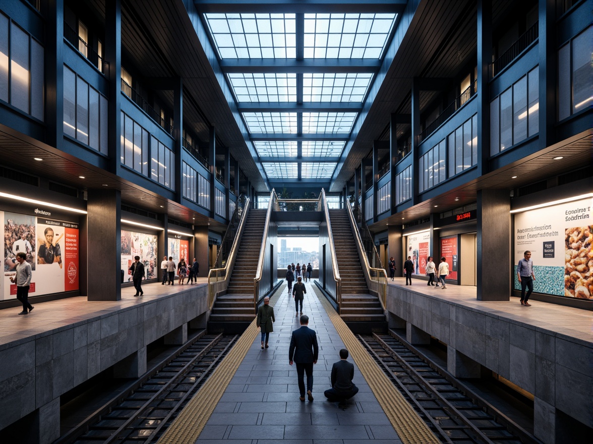 Prompt: Modern metro station, sleek architecture, bright LED lighting, futuristic ambiance, high ceilings, grand staircases, spacious platforms, dynamic signage, urban cityscape, rush hour atmosphere, warm color temperature, softbox lighting, indirect illumination, energy-efficient solutions, sustainable design, minimalist aesthetic, industrial materials, exposed ductwork, concrete floors, steel beams, vibrant advertisements, bustling pedestrian traffic, shallow depth of field, 1/1 composition, realistic textures, ambient occlusion.