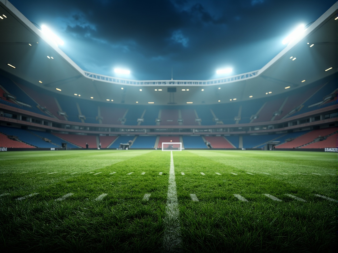 Prompt: Stadium atmosphere, lush green grass, athletic tracks, sports equipment, goalposts, floodlights, LED lighting, warm white tones, high-contrast shadows, dramatic spotlighting, misty evening air, soft focus, shallow depth of field, 1/2 composition, wide-angle lens, realistic textures, ambient occlusion.