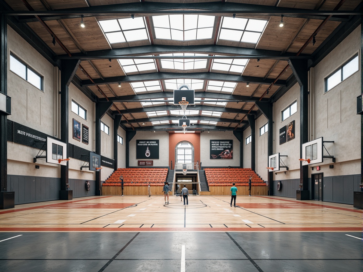 Prompt: Modern gymnasium interior, exposed steel beams, polished concrete floors, wooden sports flooring, basketball hoops, volleyball nets, athletic tracks, spectator seating areas, natural light pouring in through clerestory windows, minimalist industrial design, functional layout, open spaces, suspended acoustic panels, motivational quotes on walls, dynamic color schemes, high ceilings, dramatic lighting effects, 1/2 composition, shallow depth of field, realistic textures, ambient occlusion.