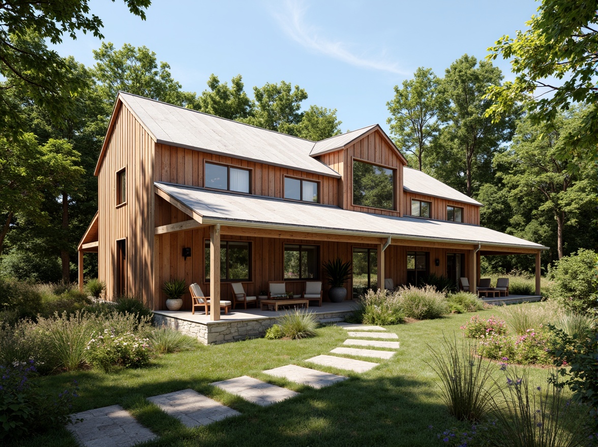 Prompt: Rustic barn, reclaimed wood, earthy tones, natural materials, weathered metal roofs, wooden beams, stone foundations, lush greenery, wildflowers, sunny day, soft warm lighting, shallow depth of field, 3/4 composition, panoramic view, realistic textures, ambient occlusion, eco-friendly design, sustainable building practices, rainwater harvesting systems, solar panels, wind turbines, composting toilets, recycled materials, low-carbon footprint, organic farm-to-table concept.