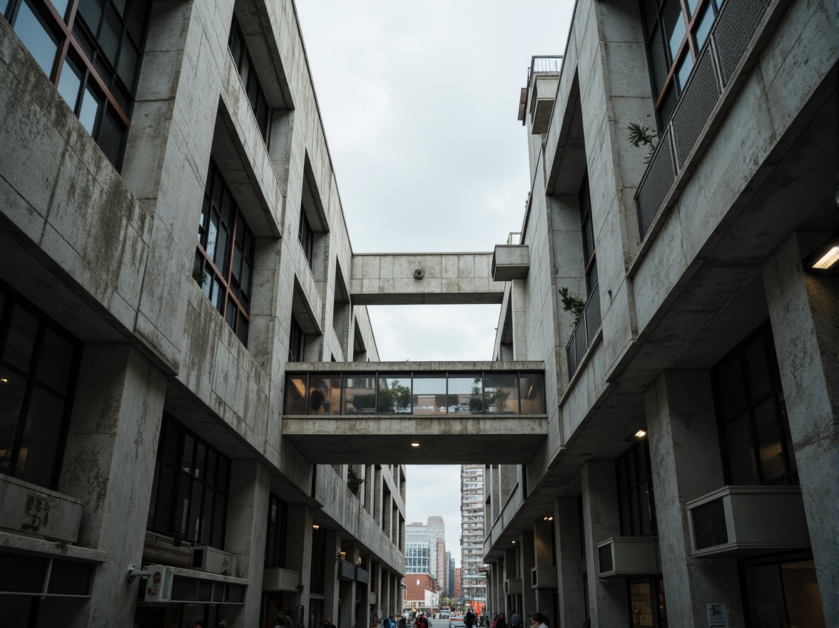 Prompt: Massive concrete forms, brutalist architecture, industrial distribution center, rugged textures, exposed ductwork, raw steel beams, functional minimalism, urban cityscape, overcast skies, dramatic shadows, high-contrast lighting, cinematic composition, symmetrical framing, bold geometric shapes, reinforced materials, utilitarian aesthetic, functional simplicity, mechanized systems, metallic accents, distressed finishes, monumental scale, imposing presence, atmospheric misting.