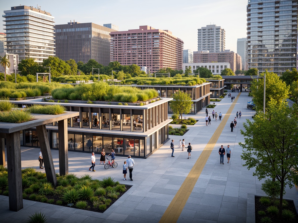 Prompt: Vibrant train station plaza, lush green roofs, natural stone walls, modern architecture, large glass canopies, steel beams, urban landscape integration, pedestrian-friendly walkways, bike lanes, public art installations, dynamic lighting systems, shallow depth of field, 3/4 composition, panoramic view, realistic textures, ambient occlusion, bustling city atmosphere, morning commute scene, soft warm lighting.