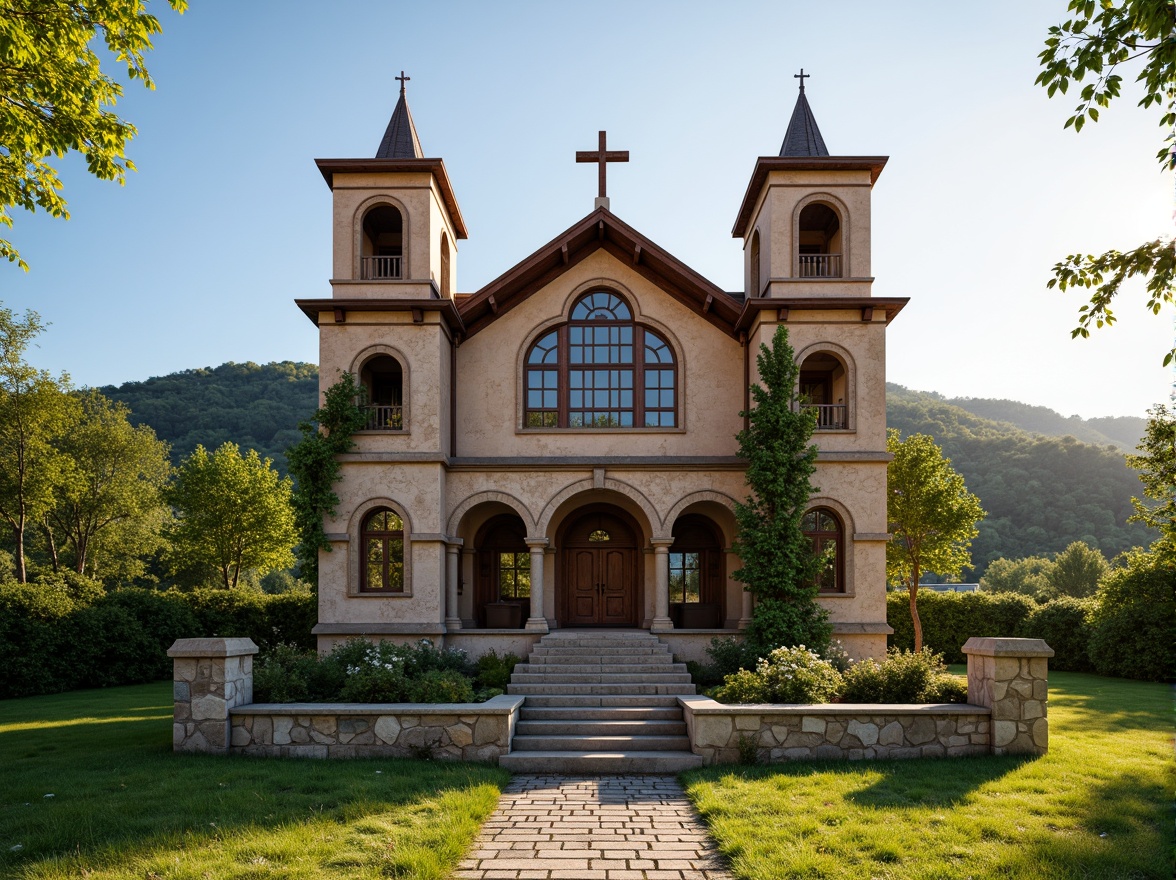 Prompt: Rustic rural church, wooden cross, stone foundation, earthy tones, natural textures, weathered wood accents, stained glass windows, arched doorways, bell towers, ivy-covered walls, lush green surroundings, rolling hills, serene countryside, warm sunlight, soft shadows, 1/2 composition, symmetrical framing, realistic materials, ambient occlusion.