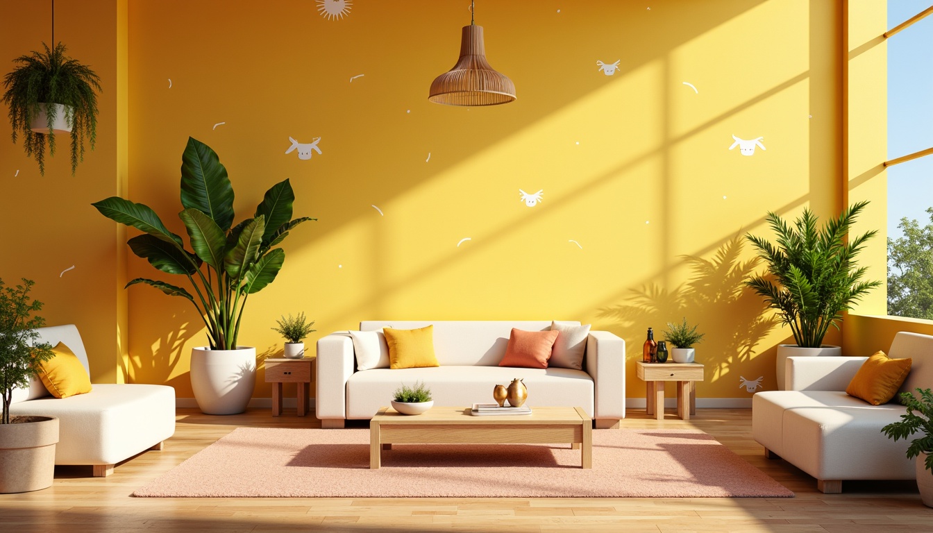 Prompt: Vibrant yellow walls, soft peach accents, creamy white furniture, lush green plants, natural wood textures, warm golden lighting, playful polka dots, whimsical illustrations, airy open spaces, cheerful citrus hues, sunny day ambiance, shallow depth of field, 1/1 composition, realistic renderings, ambient occlusion.