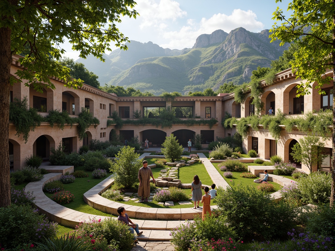 Prompt: Lush greenery, vibrant flowers, rustic stone walls, curved archways, grand amphitheater, Romanesque architecture, ornate carvings, weathered bronze statues, natural stone seating, tiered landscaping, meandering walkways, tranquil water features, soft warm lighting, shallow depth of field, 3/4 composition, panoramic view, realistic textures, ambient occlusion.