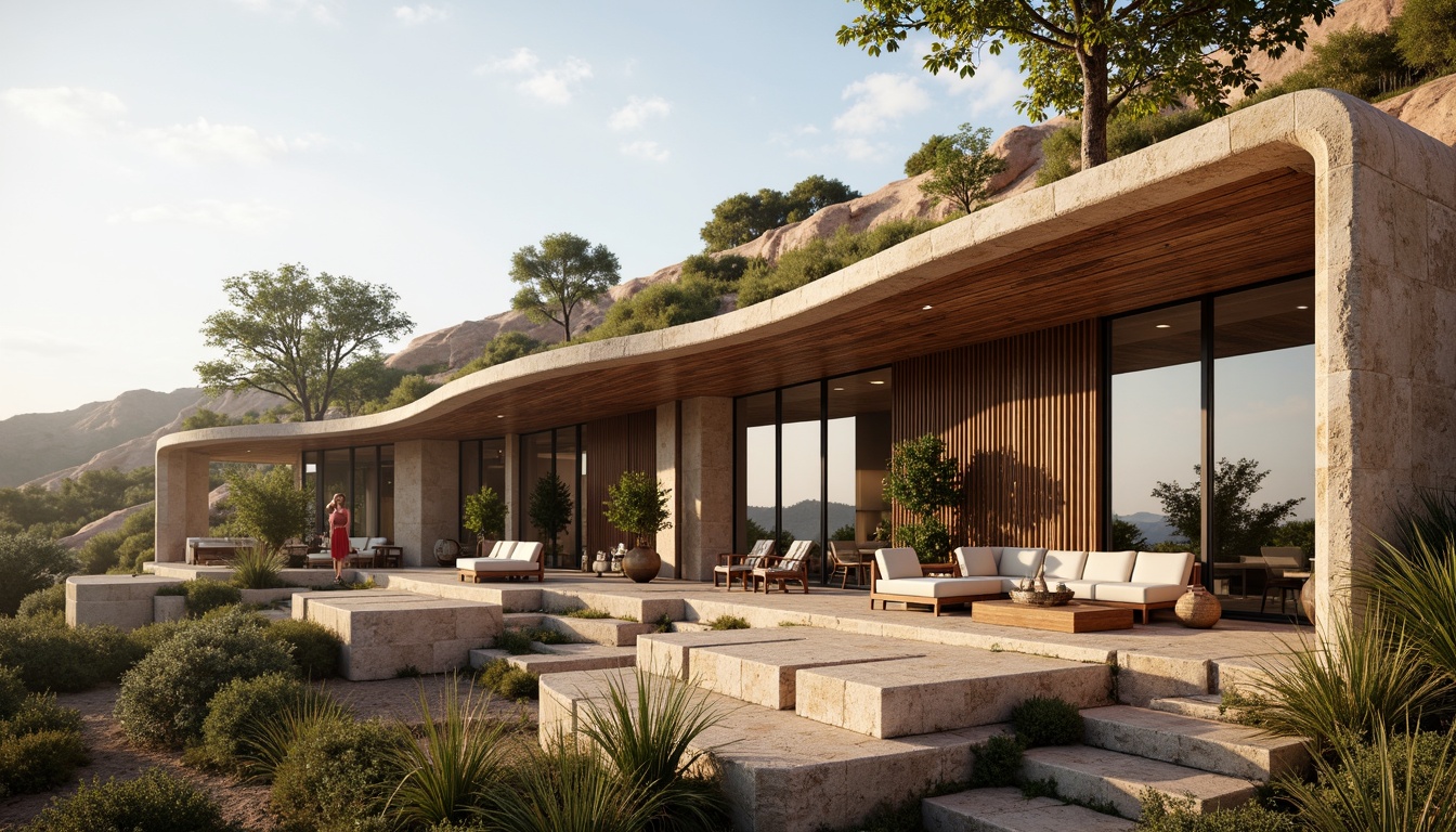 Prompt: Rustic hillside, natural stone walls, earthy tones, organic curves, cantilevered roofs, large overhangs, wooden accents, steel beams, minimalist decor, floor-to-ceiling windows, sliding glass doors, panoramic views, surrounding landscape, native vegetation, winding pathways, outdoor seating areas, soft warm lighting, shallow depth of field, 3/4 composition, realistic textures, ambient occlusion.