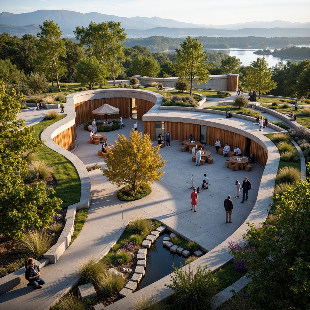 Prompt: Visitor center, harmonious landscape integration, natural stone walls, wooden accents, green roofs, native plant species, meandering walkways, scenic overlooks, educational signage, interactive exhibits, panoramic views, abundant natural light, warm earthy tones, organic architecture, curved lines, minimalist decor, eco-friendly materials, sustainable building practices, rainwater harvesting systems, geothermal heating, solar power integration, shaded outdoor spaces, misting systems, serene atmosphere, soft warm lighting, shallow depth of field, 3/4 composition.