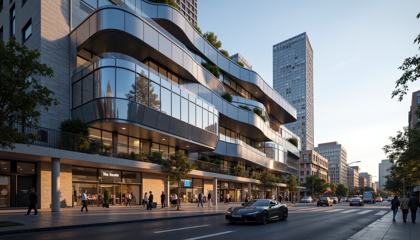 Prompt: Curved building facade, metallic materials, reflective glass surfaces, angular lines, minimalist design, modern streamline moderne style, futuristic aesthetic, high-tech features, dynamic LED lighting, sleek protrusions, cantilevered structures, urban cityscape, busy streets, morning sunlight, shallow depth of field, 3/4 composition, panoramic view, realistic textures, ambient occlusion.