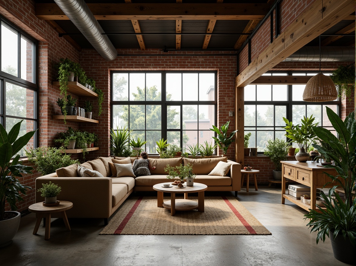 Prompt: Exposed brick walls, reclaimed wood accents, industrial metal beams, vintage decorative items, lush greenery, natural textiles, earthy color palette, soft warm lighting, cozy intimate spaces, minimalist decor, eco-friendly materials, rainwater harvesting systems, solar panels, green roofs, living walls, urban garden views, misty morning atmosphere, shallow depth of field, 1/1 composition, realistic textures, ambient occlusion.