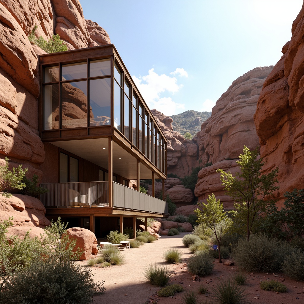 Prompt: Rugged canyon landscape, rust-colored rock formations, modernist architecture, cantilevered buildings, steel frames, glass facades, minimalist design, clean lines, industrial materials, exposed ductwork, polished concrete floors, reclaimed wood accents, metal mesh railings, floor-to-ceiling windows, sliding glass doors, natural ventilation systems, passive solar design, desert flora, succulent plants, sandy terrain, warm sunny day, high contrast lighting, dramatic shadows, 1/1 composition, symmetrical framing, realistic textures, ambient occlusion.