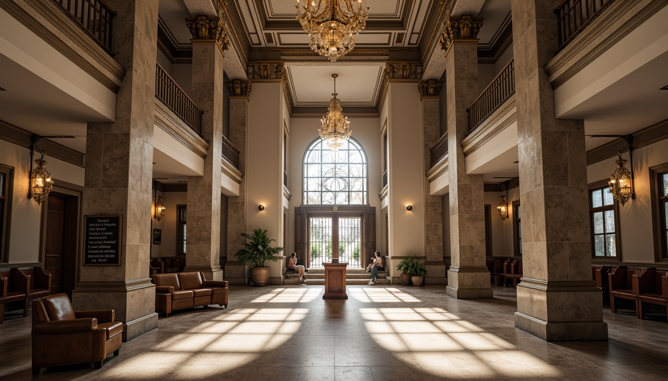 Prompt: Grand courthouse entrance, imposing stone columns, symmetrical fa\u00e7ade, ornate metal gates, spacious atrium, natural light pouring in, high ceilings, elegant chandeliers, polished marble floors, formal courtroom settings, wooden benches, judge's podium, witness stands, grand staircases, sweeping archways, neoclassical architecture, monumental scale, dramatic lighting, 1/2 composition, low-angle shot, realistic textures, ambient occlusion.