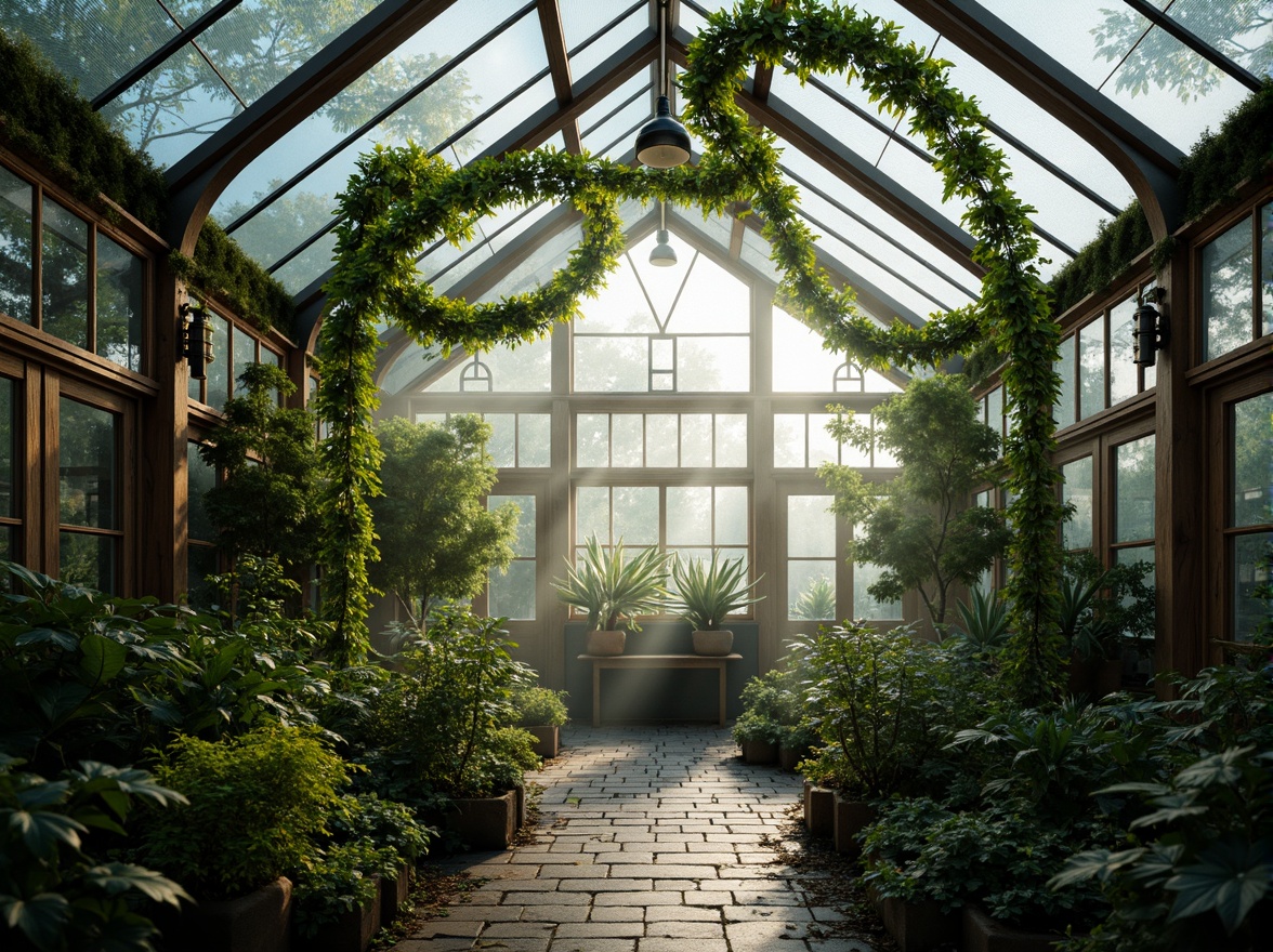 Prompt: Luminous greenhouse, translucent glass surfaces, delicate vines, exotic plants, misty atmosphere, soft natural light, warm ambient glow, intricate metal frameworks, curved lines, organic shapes, earthy tones, moss-covered walls, rustic wooden accents, whimsical decorative elements, dreamy foggy effects, shallow depth of field, 1/1 composition, intimate close-ups, realistic textures, subtle color grading.