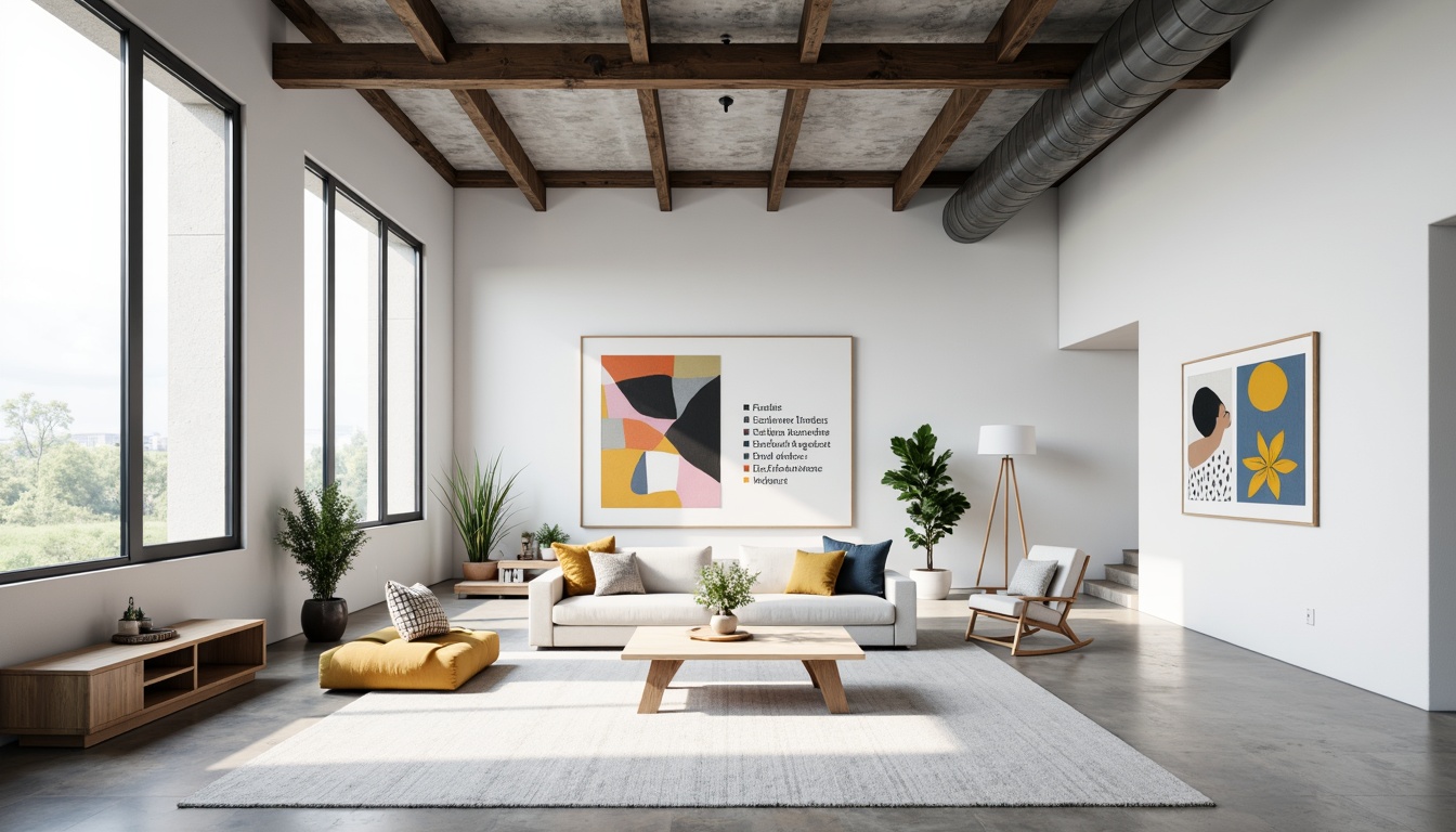 Prompt: Simple white walls, clean lines, minimal ornamentation, functional furniture, industrial materials, steel beams, concrete floors, large windows, natural light, open spaces, geometric shapes, primary color accents, bold typography, abstract artwork, sparse decor, empty space, dramatic shadows, high contrast lighting, 1/1 composition, symmetrical framing, realistic textures, subtle ambient occlusion.