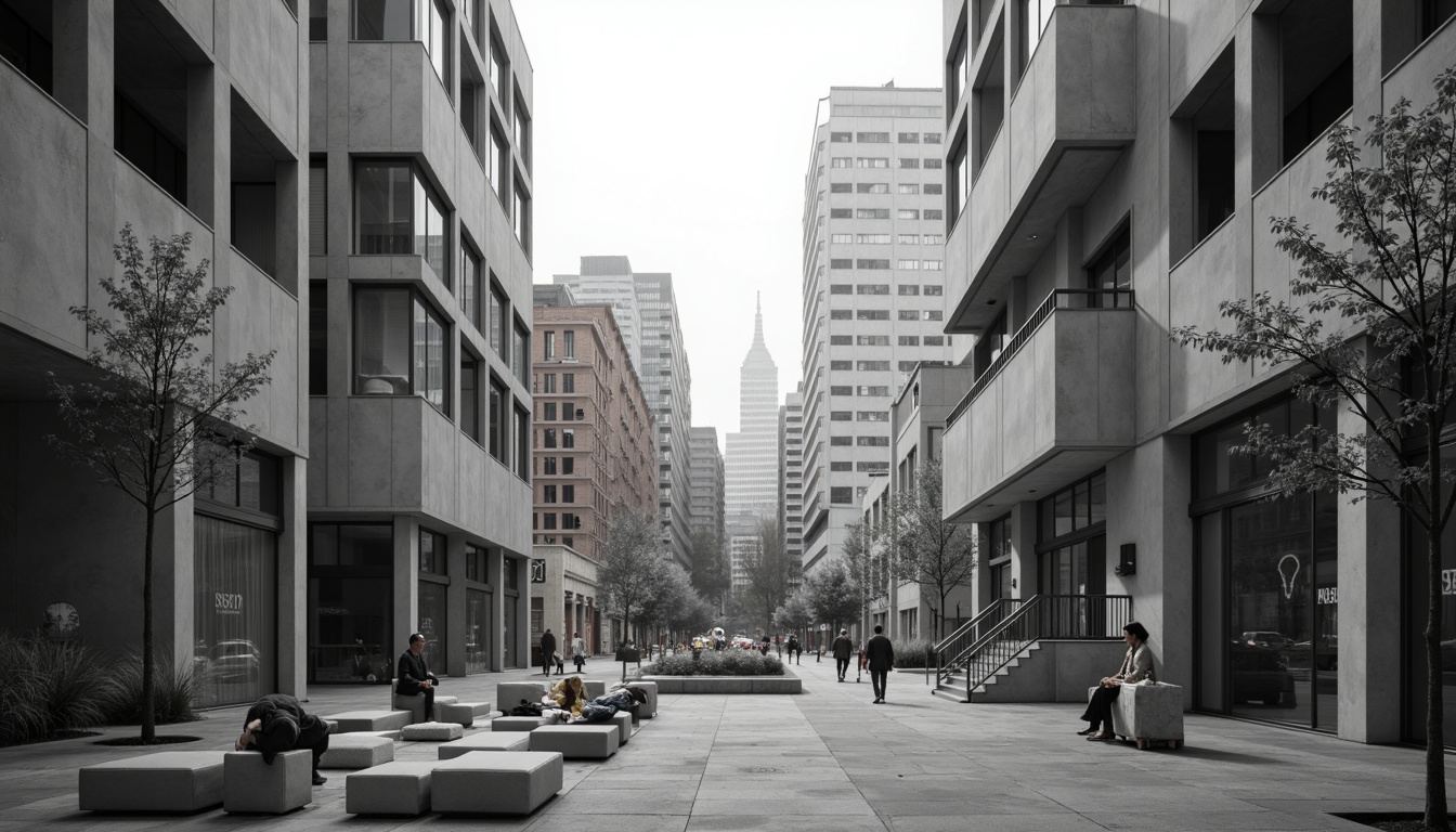 Prompt: Geometric buildings, brutalist architecture, raw concrete textures, industrial materials, minimalist decor, open floor plans, functional spaces, modular furniture, urban cityscape, busy streets, modern skyscrapers, abstract sculptures, monochromatic color scheme, high-contrast lighting, dramatic shadows, 1/1 composition, symmetrical framing, stark contrast, atmospheric perspective.