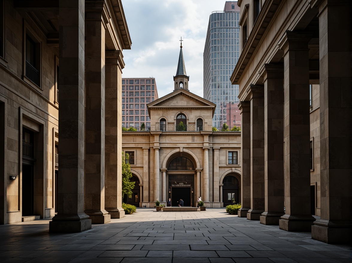 Prompt: Monumental buildings, imposing structures, robust columns, sturdy arches, grand entrances, ornate facades, symmetrical compositions, classical proportions, harmonious massing, balanced forms, natural stone materials, rough-hewn textures, earthy color palette, dramatic lighting effects, deep shadows, atmospheric perspective, 1/2 composition, low-angle view, cinematic mood.