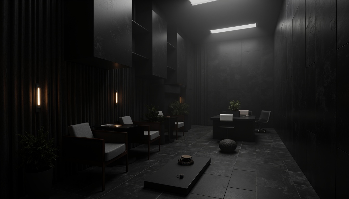 Prompt: Dark mysterious atmosphere, black sleek surfaces, modern minimalist design, bold typography, dramatic shadows, high-contrast lighting, luxurious textures, metallic accents, sophisticated elegance, avant-garde aesthetic, abstract geometric patterns, moody color palette, subtle gradient effects, cinematic composition, low-key illumination, atmospheric mist, 1/1 aspect ratio, realistic reflections.