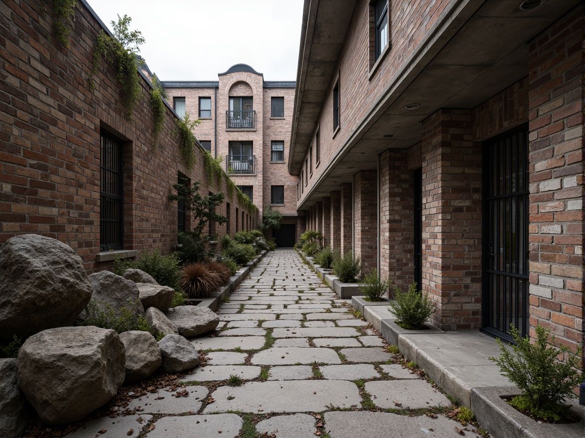 Prompt: Rustic stone walls, weathered wooden planks, rough-hewn concrete columns, tactile brick facades, ornate metalwork, intricate stonework patterns, natural rock formations, earthy tones, organic shapes, brutalist architecture, industrial chic aesthetic, urban landscape, overcast sky, dramatic shadows, high-contrast lighting, 1/2 composition, atmospheric perspective, realistic material rendering.