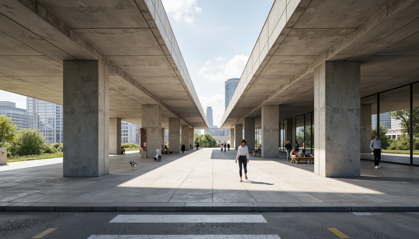 Prompt: Exposed concrete structures, industrial chic aesthetic, raw unfinished materials, brutalist architecture, functional simplicity, minimalist ornamentation, honest expression of function, clean lines, rectangular forms, cantilevered roofs, large windows, natural light, urban landscape, cityscape views, modern metropolitan feel, neutral color palette, subtle textures, 1/1 composition, high contrast lighting, dramatic shadows, realistic renderings.