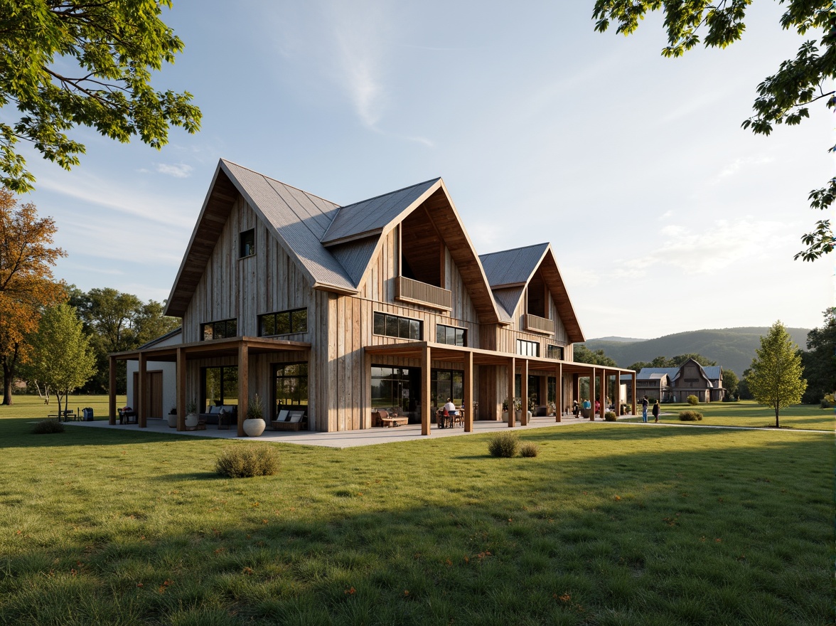 Prompt: Rustic barn, corrugated metal roofing, weathered wood accents, modern farmhouse style, asymmetrical rooflines, clerestory windows, natural light pouring in, reclaimed wood beams, earthy color palette, rural landscape, rolling hills, green pastures, sunny day, soft warm lighting, shallow depth of field, 3/4 composition, panoramic view, realistic textures, ambient occlusion.