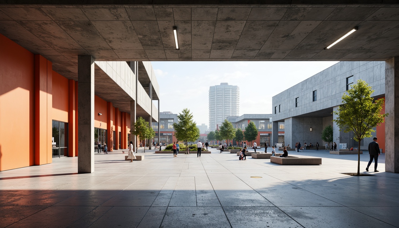 Prompt: Minimalist open plaza, clean lines, rectangular shapes, industrial materials, exposed ductwork, functional simplicity, bold typography, primary color accents, geometric patterns, urban landscape, modern cityscape, sunny day, high contrast lighting, deep depth of field, 1/1 composition, symmetrical framing, abstract textures, ambient occlusion.