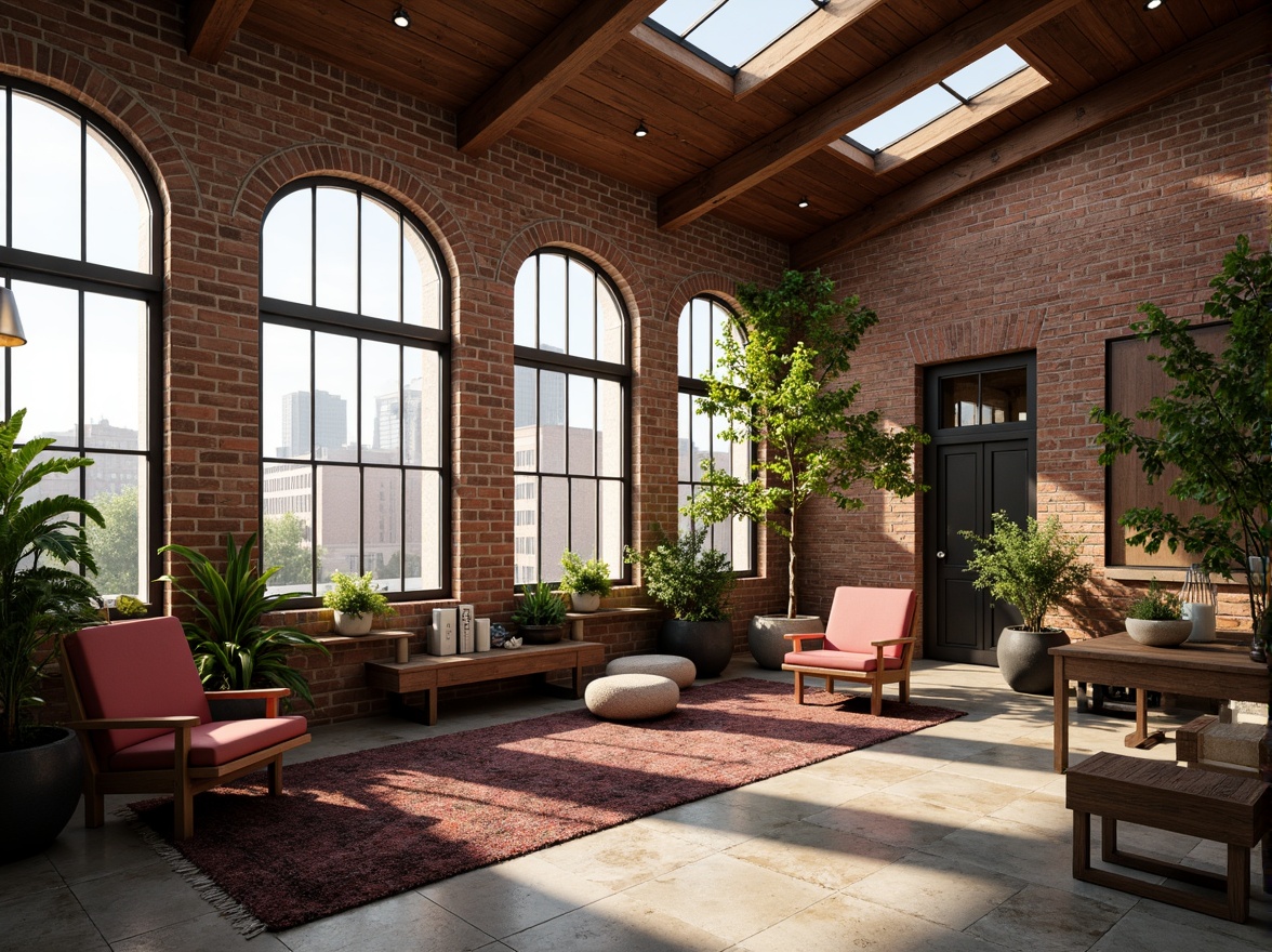 Prompt: Exposed brick walls, wooden beam ceilings, industrial chic decor, romantic ambiance, soft warm lighting, large windows, skylights, clerestory windows, natural stone floors, reclaimed wood accents, minimalist furniture, plush area rugs, cozy reading nooks, vintage decorative items, earthy color palette, lush greenery, potted plants, urban cityscape views, sunny day, shallow depth of field, 3/4 composition, panoramic view, realistic textures, ambient occlusion.