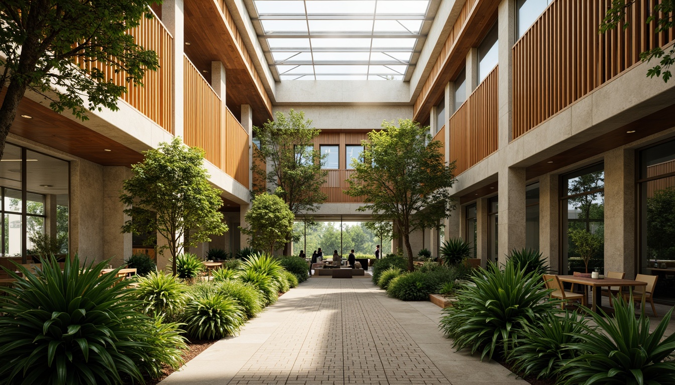 Prompt: Vibrant atrium, lush greenery, natural stone walls, wooden accents, floor-to-ceiling windows, clerestory windows, skylights, open floor plans, minimalist decor, earthy color palette, warm ambient lighting, soft shadows, 1/1 composition, realistic textures, subtle reflections, morning sunlight, afternoon warmth, gentle breeze, serene atmosphere.