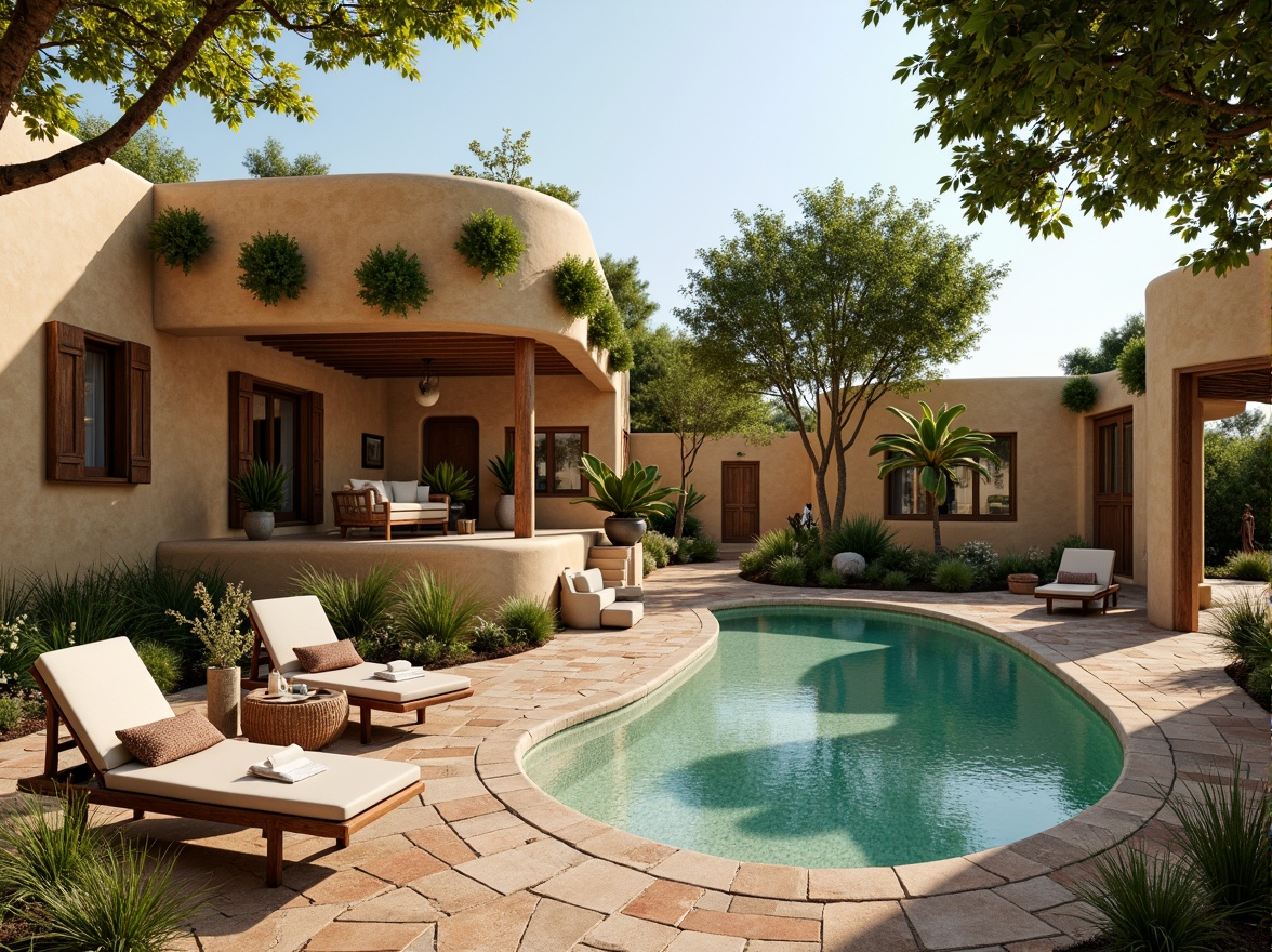 Prompt: Earthy villa, organic curves, natural stone walls, wooden accents, lush green roofs, vibrant turquoise pools, warm beige stucco, rustic terracotta tiles, soft sage landscaping, whimsical water features, meandering pathways, eclectic furniture, bohemian textiles, warm golden lighting, shallow depth of field, 1/1 composition, intimate atmosphere, realistic textures, ambient occlusion.